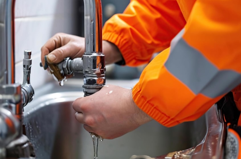 Engineer checking an accessible pipe connection beneath a sink