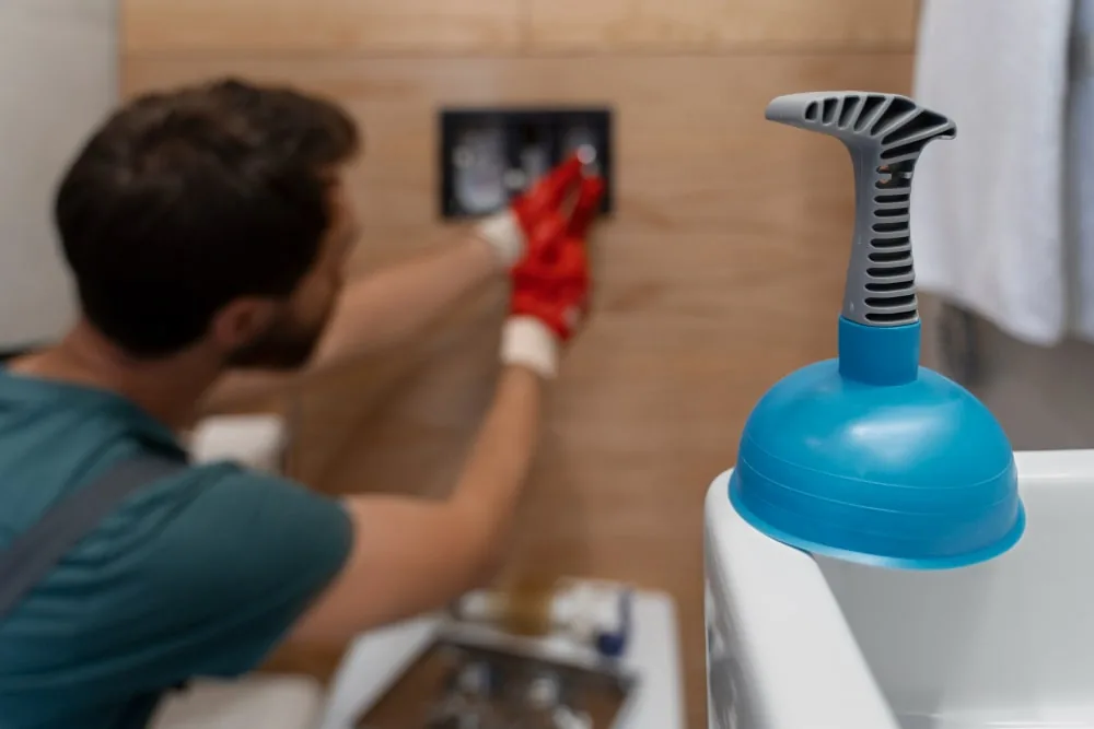 Plumber using a plunger while assessing an internal drain blockage