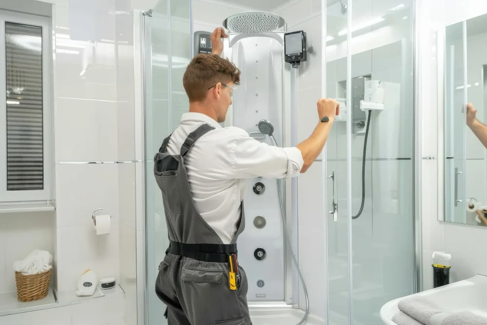 Plumber checking a glass shower enclosure and bathroom fittings