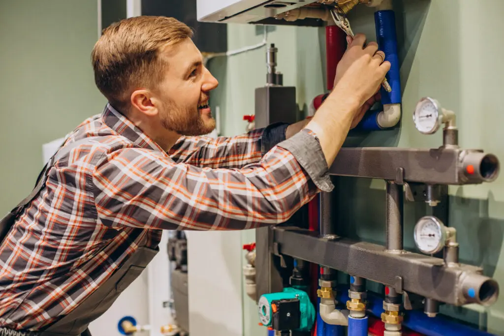 Engineer checking accessible heating pipework and system components