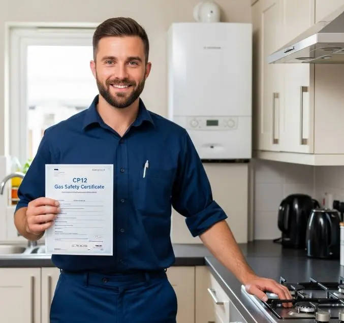 Engineer holding a gas safety certificate beside a domestic boiler