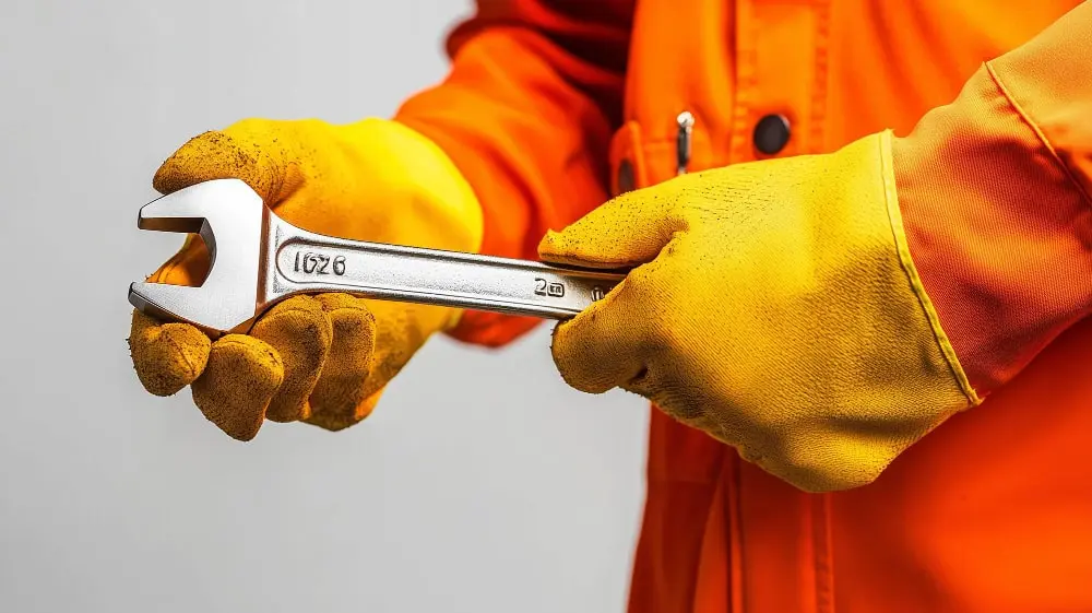 Heating engineer holding a spanner ready for installation work