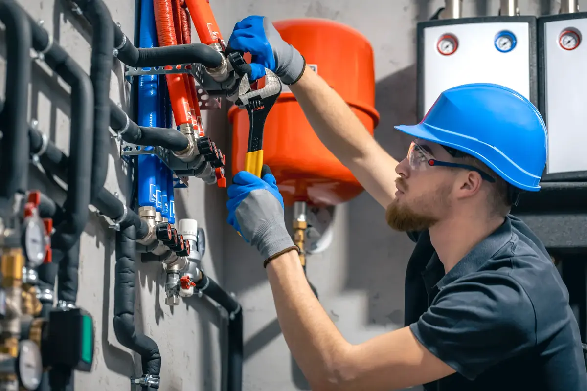 Engineer checking heating pipework and system connections