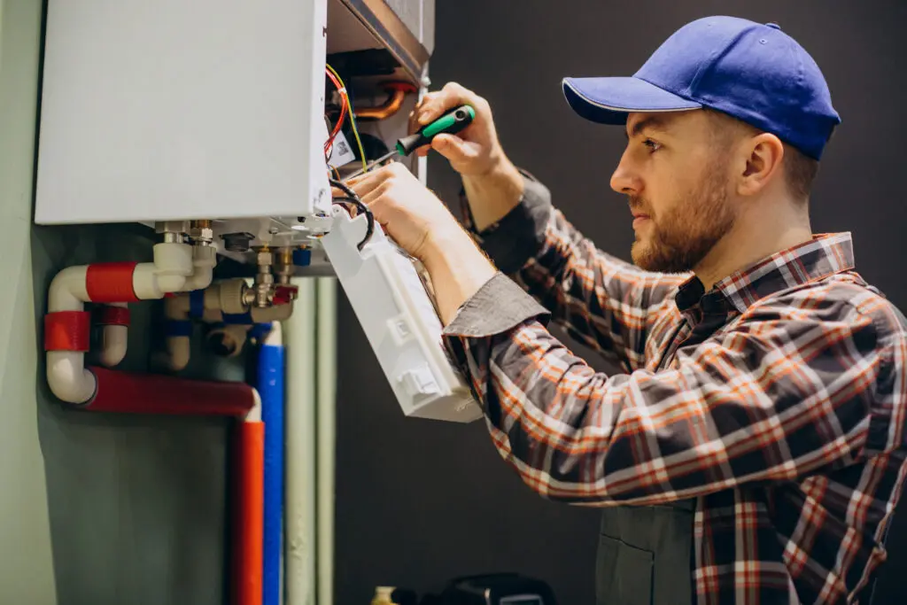 Heating engineer inspecting internal boiler components during a repair assessment