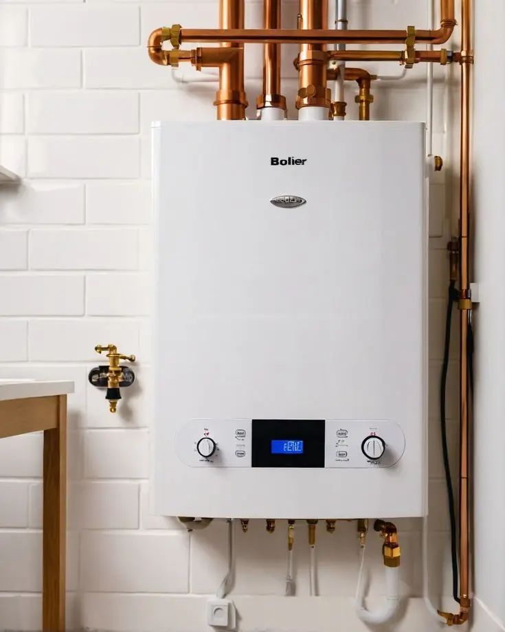 Wall-mounted domestic boiler with accessible pipework and controls