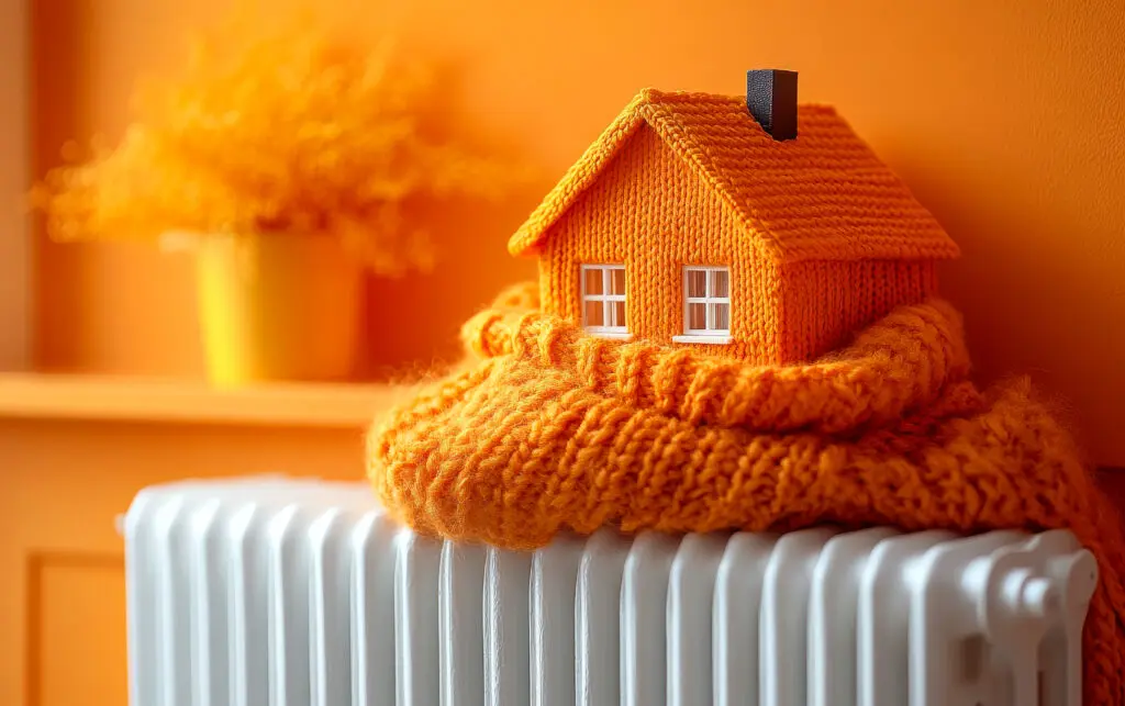 Home radiator with a warm knitted house representing domestic heating