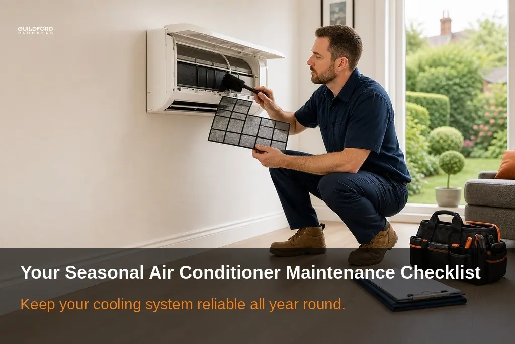 Engineer cleaning a wall-mounted air conditioner filter during seasonal maintenance