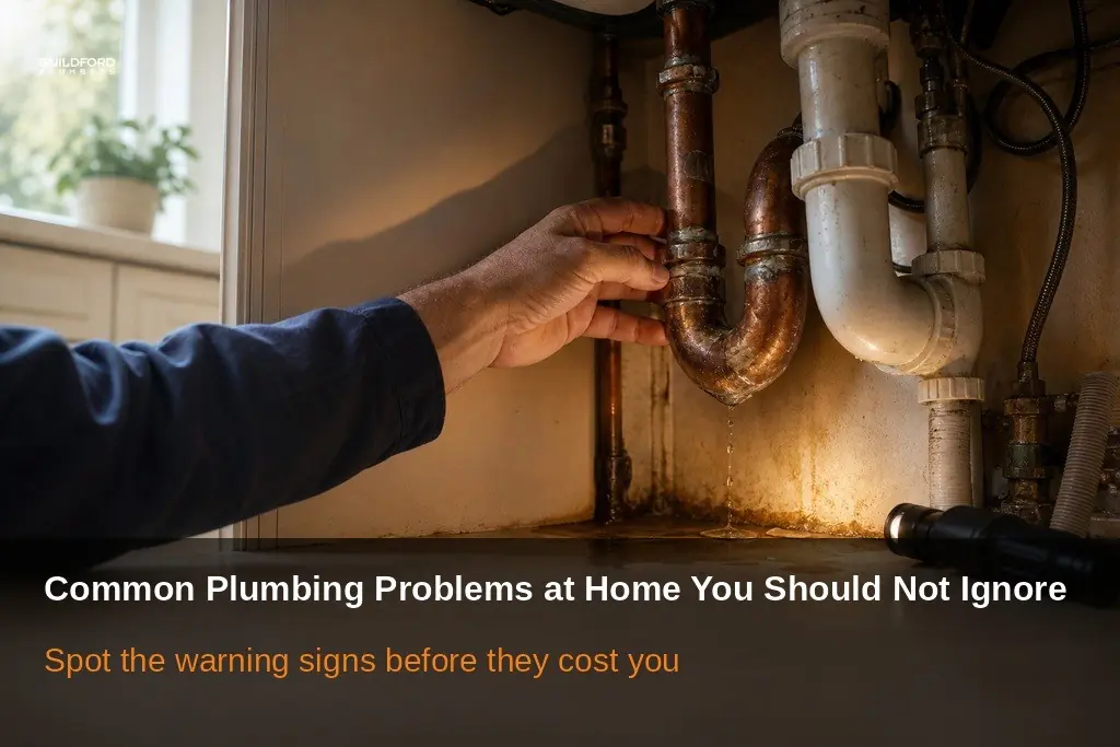 Leaking pipework beneath a kitchen sink illustrating common home plumbing problems