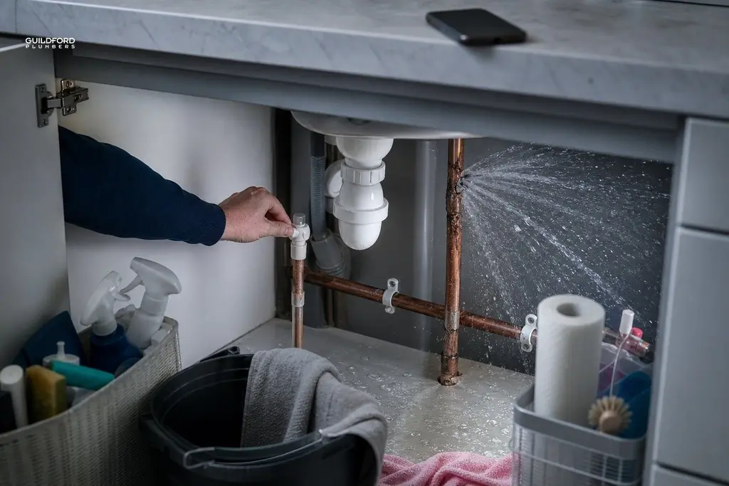 Water spraying from a leaking copper pipe beneath a kitchen sink