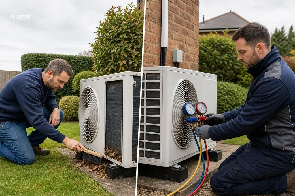 Two technicians servicing an outdoor home-comfort system at a residential property