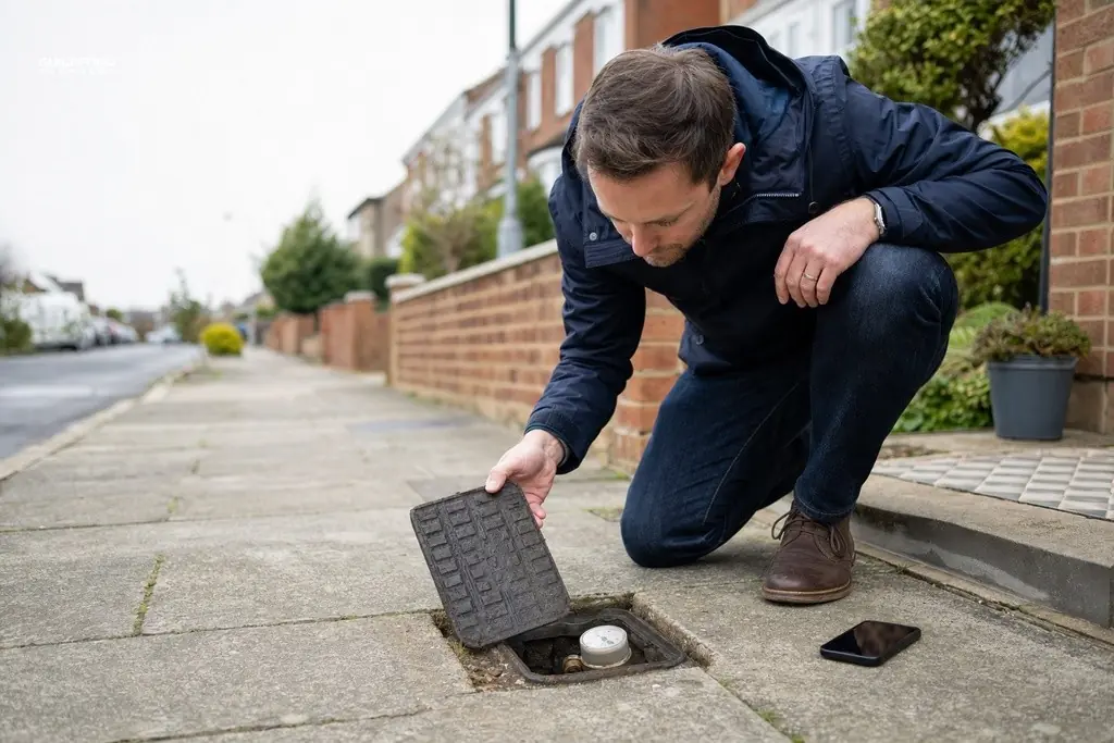 Technician checking an external water meter for signs of a hidden leak