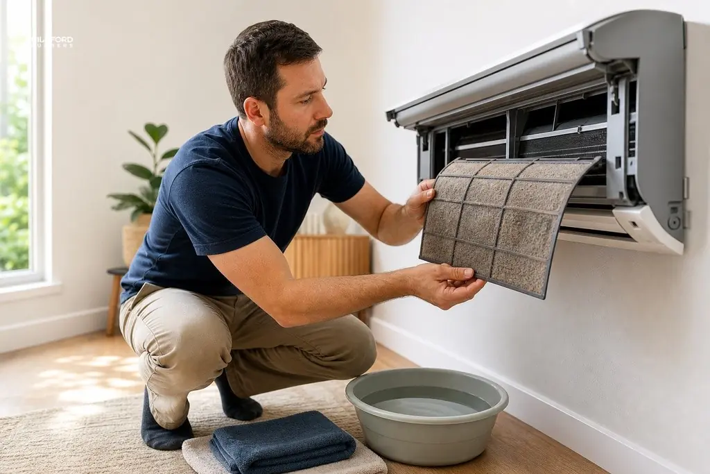 Technician inspecting and cleaning a wall-mounted air-conditioning unit