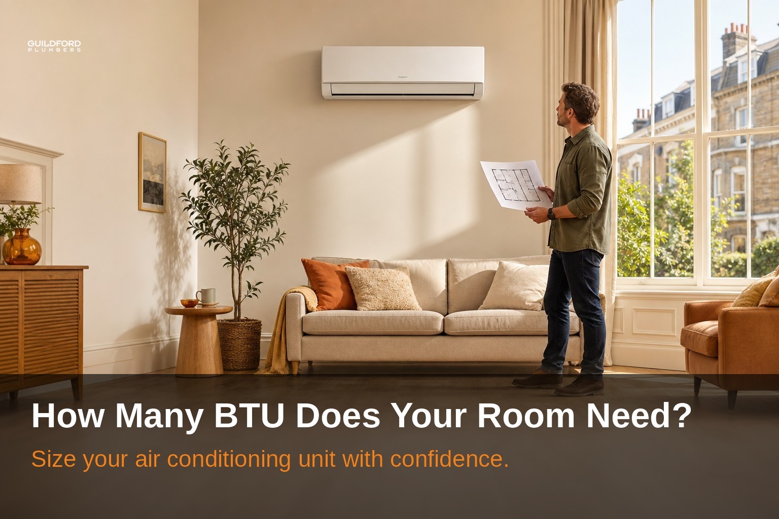 Wall-mounted air conditioner in a Guildford living room with homeowner reviewing room dimensions