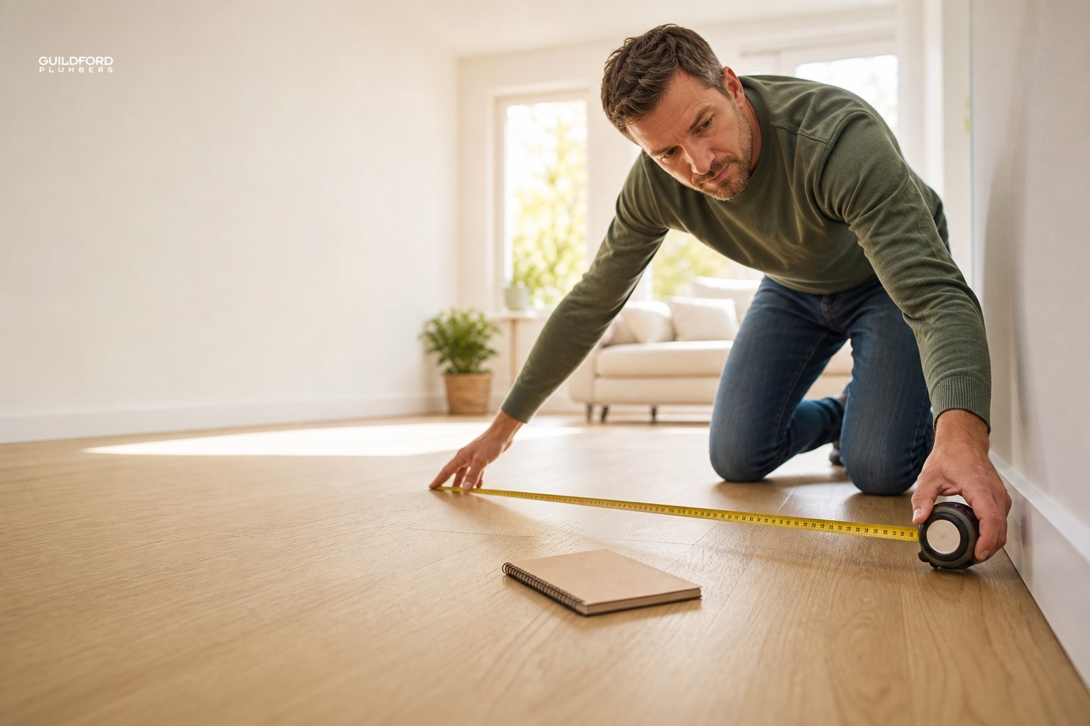 Homeowner measuring room floor area with steel tape measure to calculate air conditioning BTU requirements