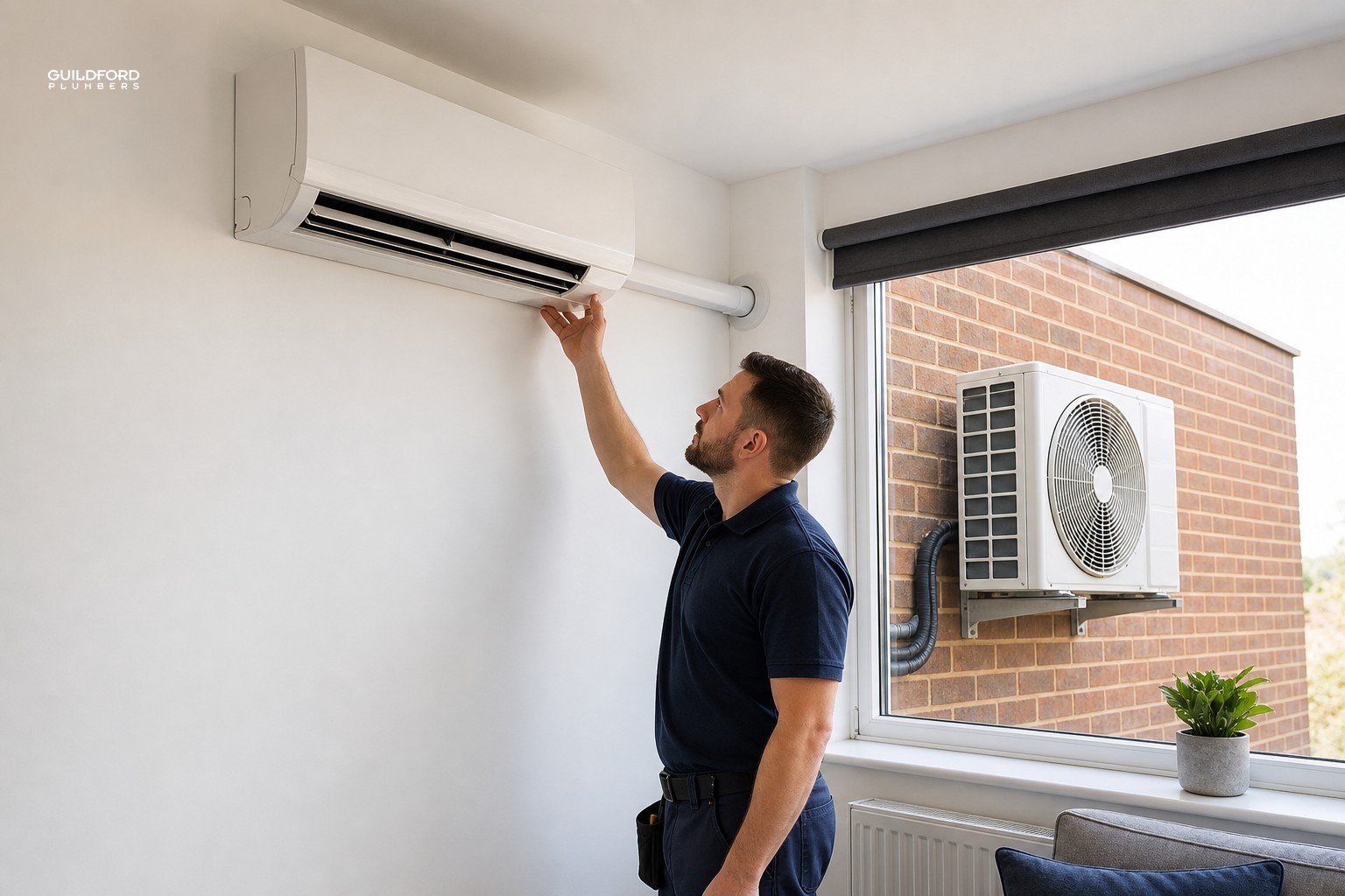 Split air conditioning unit installed on white wall with outdoor condenser visible through window during professional inspection