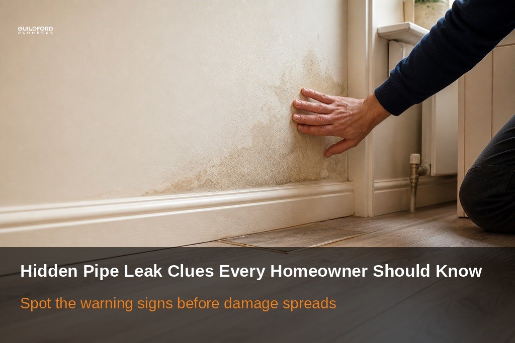 Homeowner checking a damp patch beside a radiator for signs of a hidden water leak