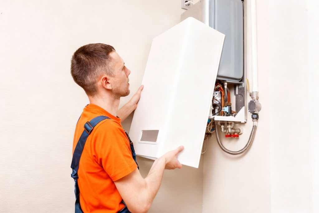 Installer and homeowner reviewing a boiler replacement choice