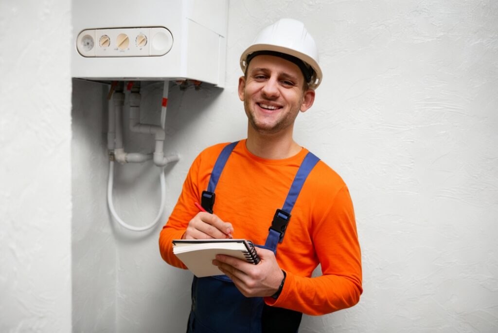 Homeowner and installer discussing boiler installation information