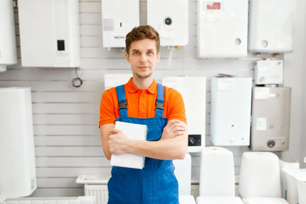 Homeowner reviewing a boiler installation option with an installer