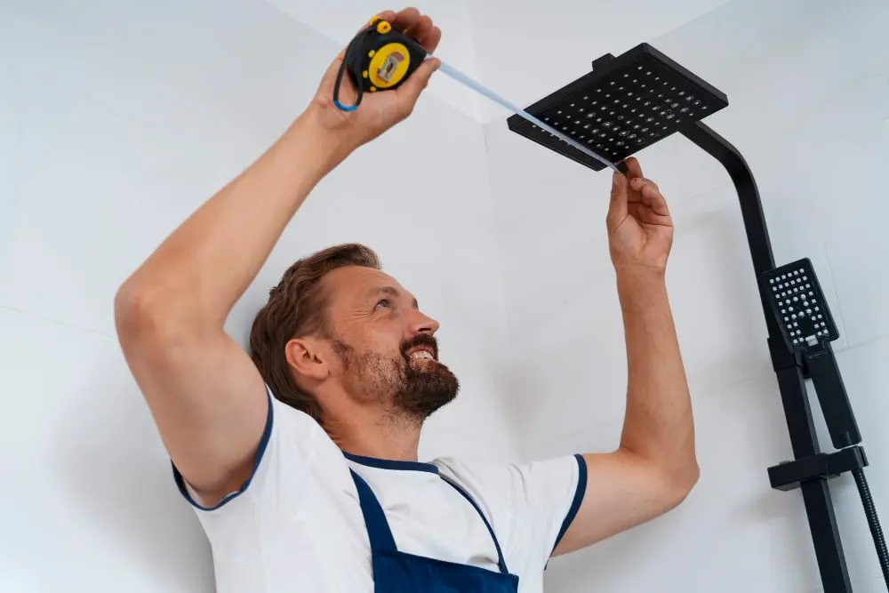 Installer measuring the position of a shower fitting in a tiled bathroom