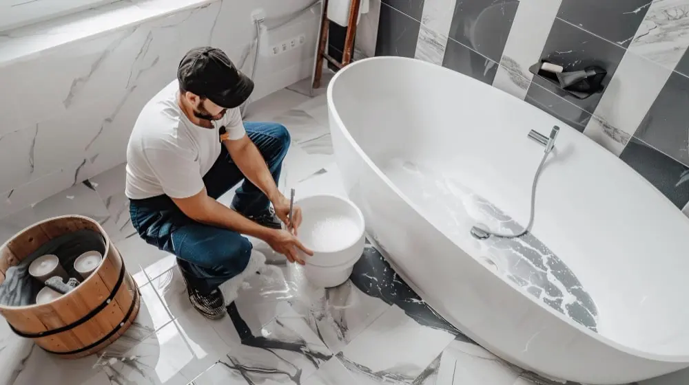 Plumber reviewing fixture positions and access beside a bath and toilet