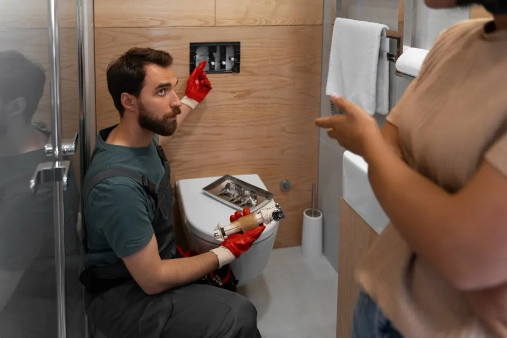 Plumber inspecting an exposed toilet cistern during a repair visit