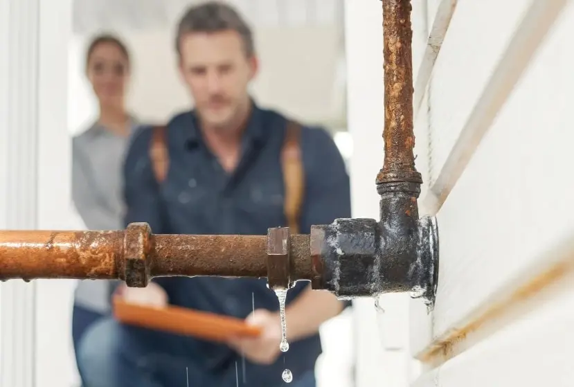 Water dripping from a corroded pipe during a leak inspection
