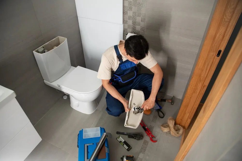 Plumber checking a toilet cistern and nearby components beside a white toilet